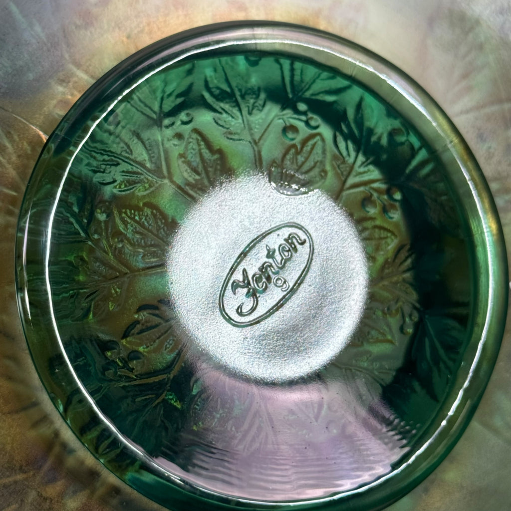 Teal opalescent Fenton cabinet plate with scalloped edge and holly leaves