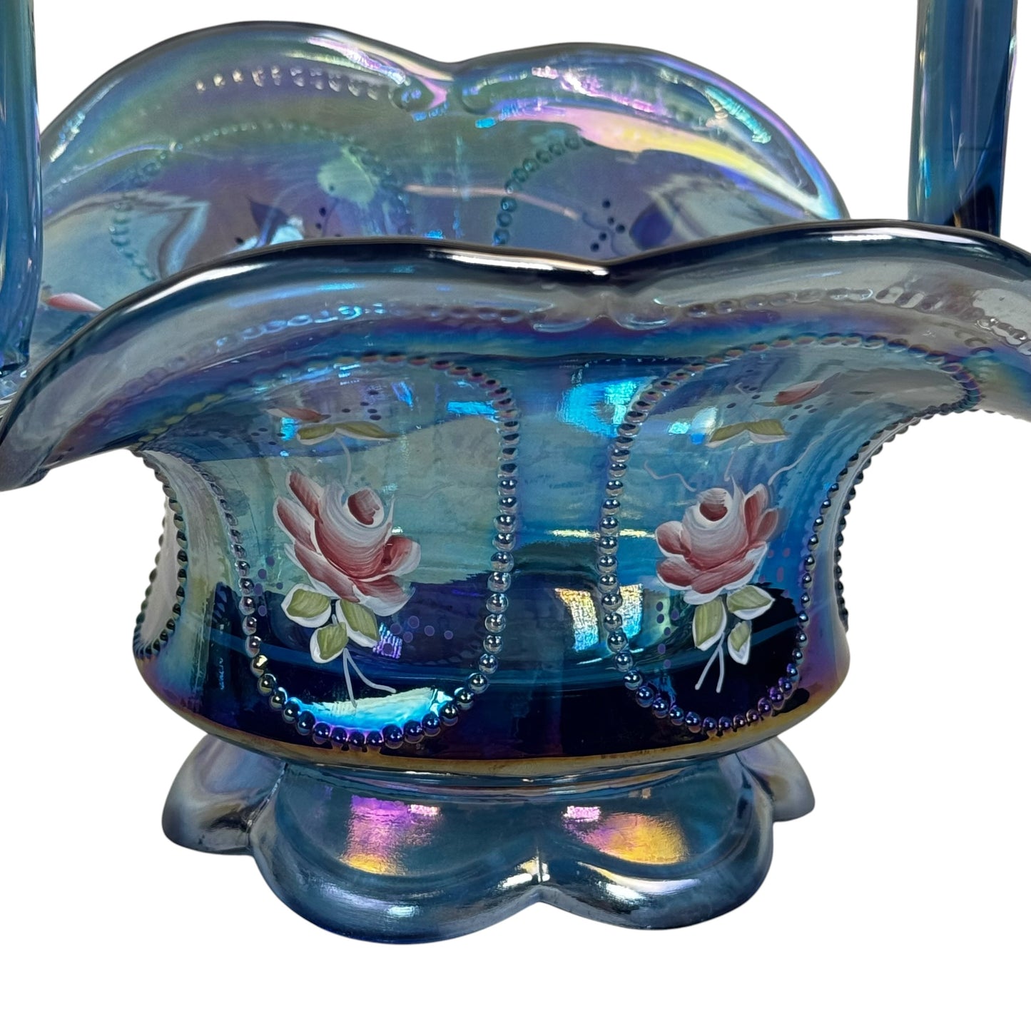 Vintage Fenton Art Glass basket in twilight blue iridescent glass