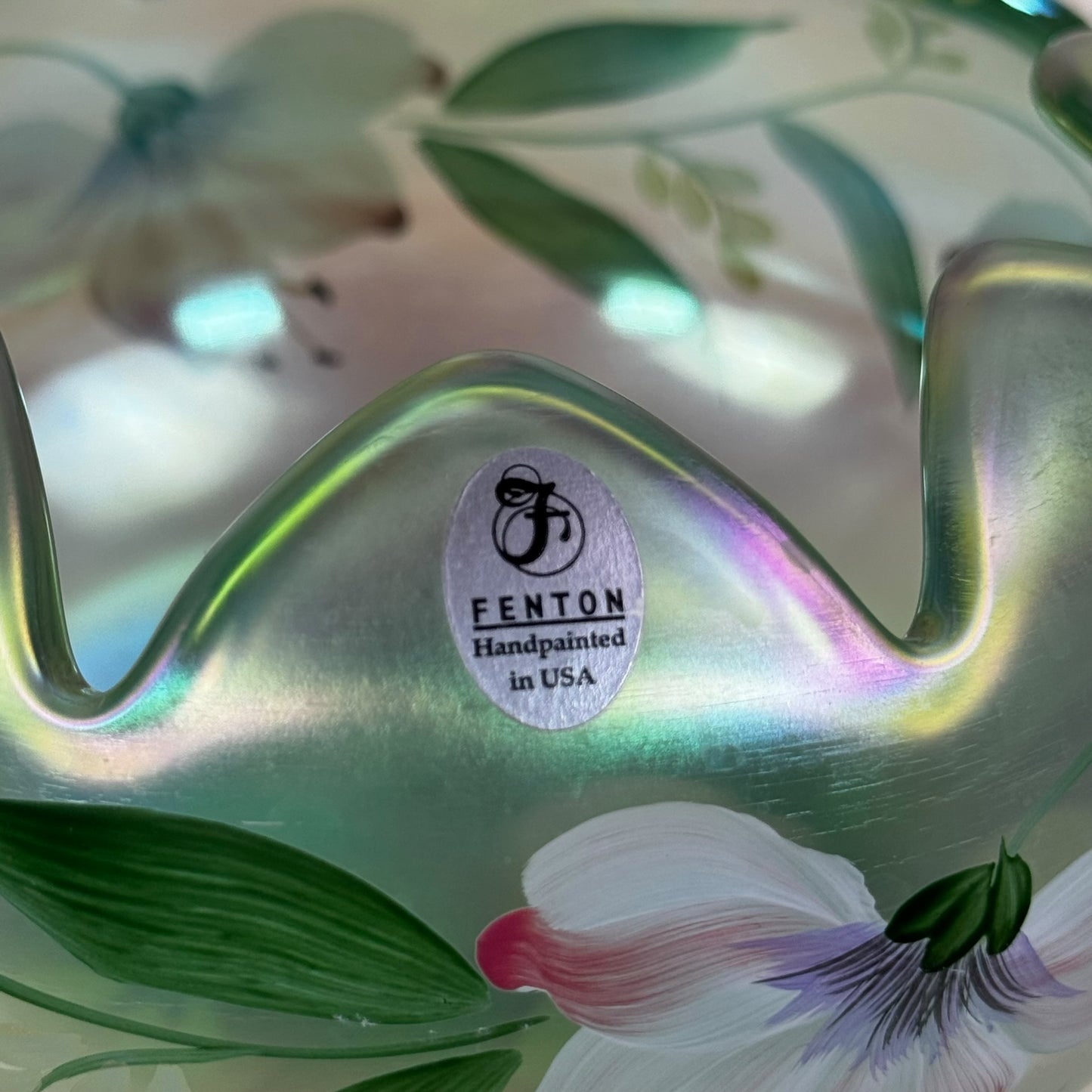Vintage Fenton green iridescent glass bowl with hand-painted flowers