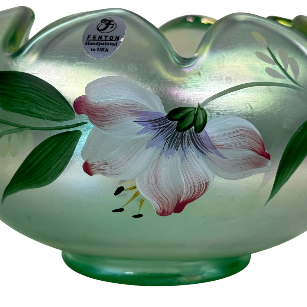 Hand-painted Fenton rose bowl with green iridescent finish