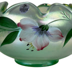 Hand-painted Fenton rose bowl with green iridescent finish