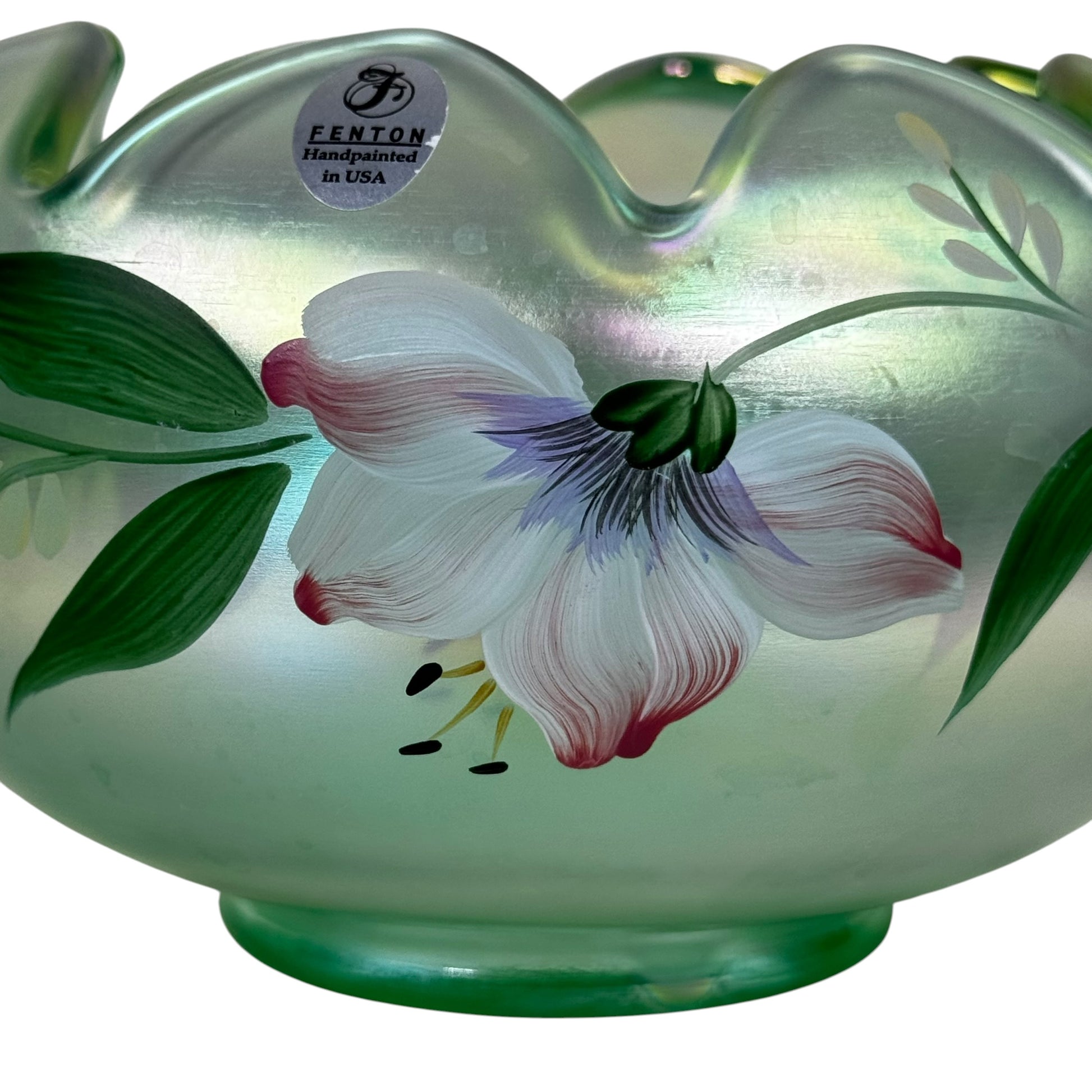 Hand-painted Fenton rose bowl with green iridescent finish