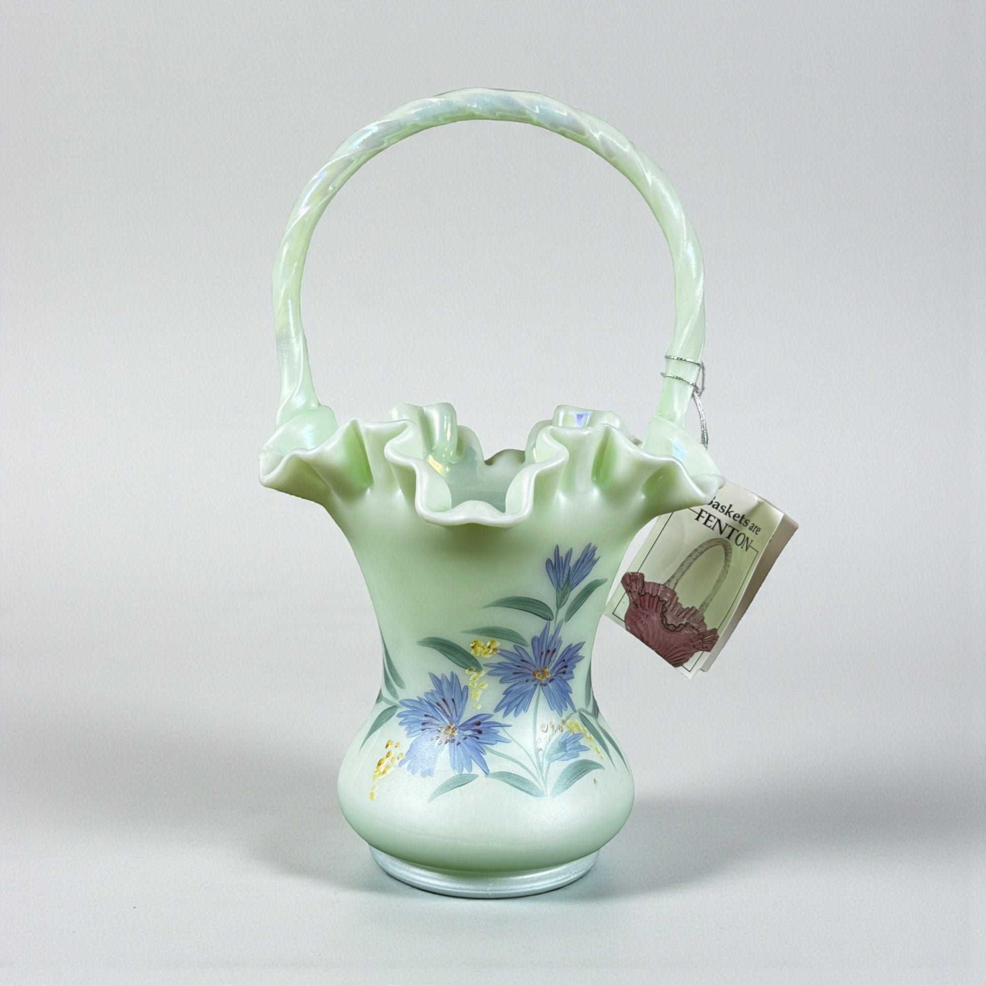 Vintage Fenton Victorian Bouquet sea green satin glass basket with hand painted floral design