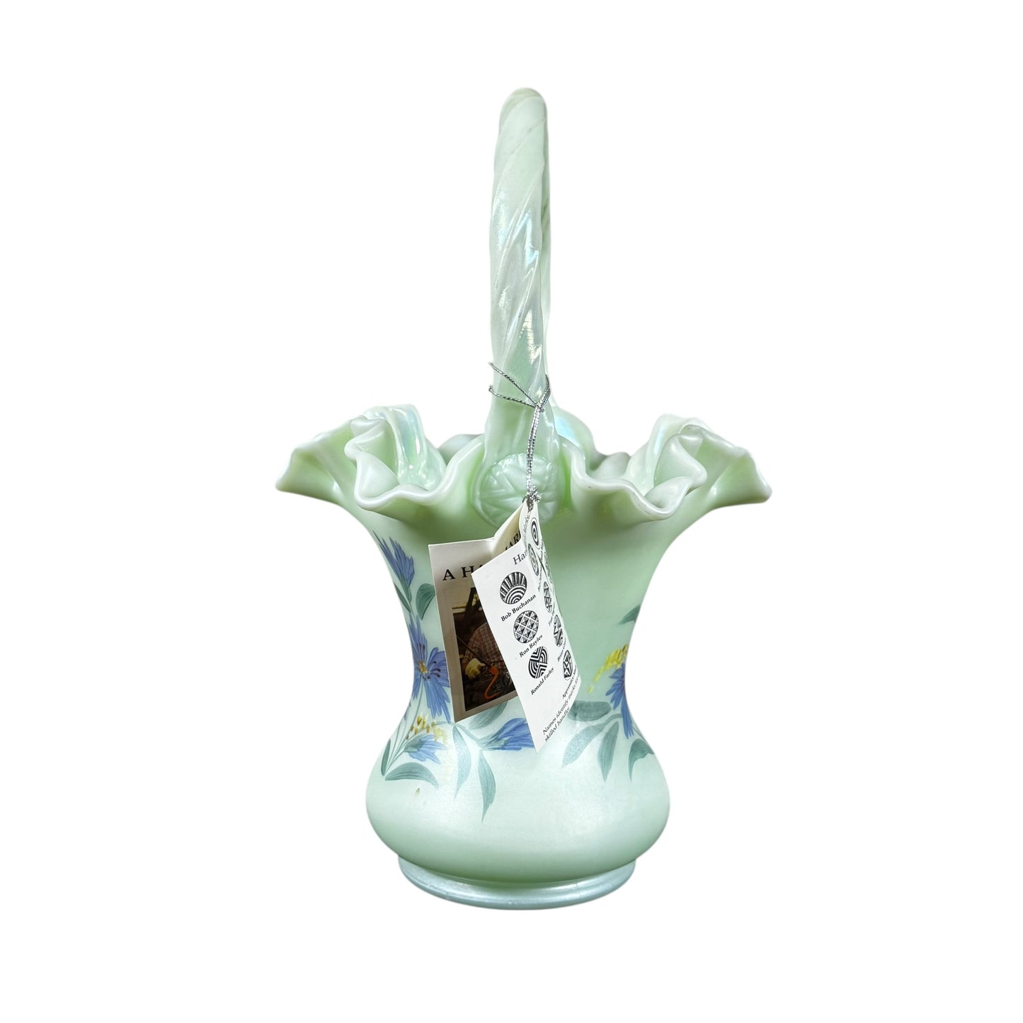 Signed Fenton satin glass basket in sea green with iridescent finish and ruffled rim