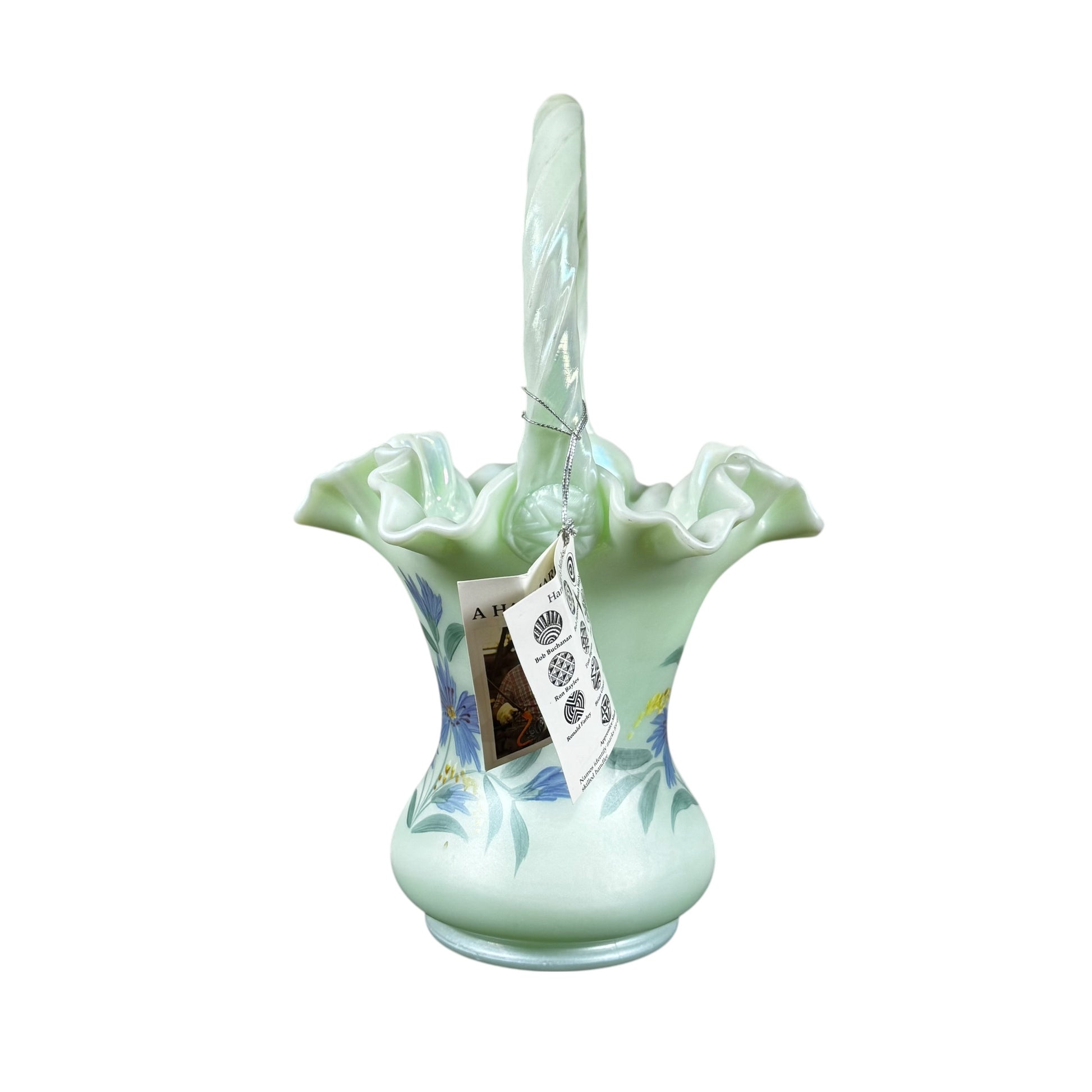 Signed Fenton satin glass basket in sea green with iridescent finish and ruffled rim