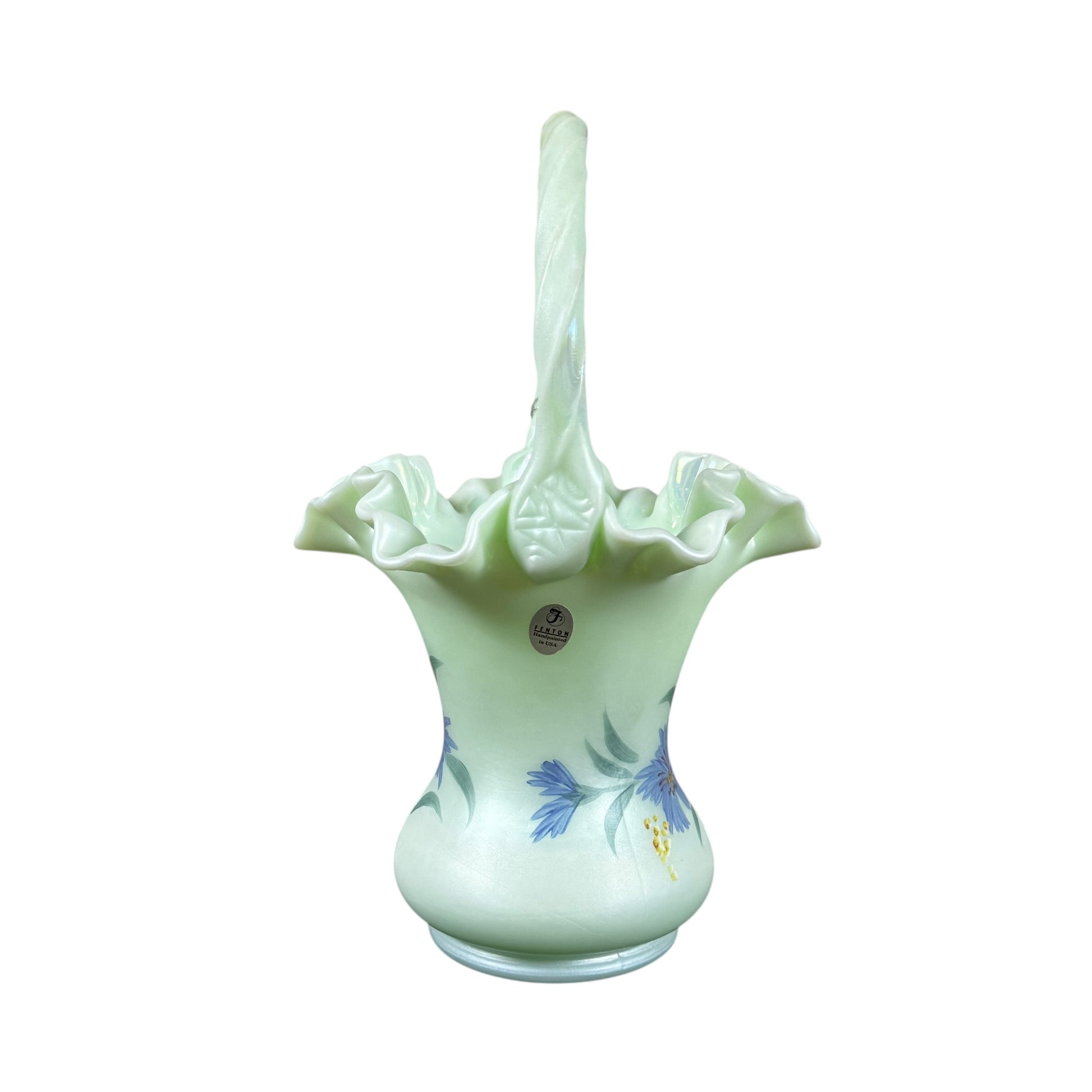 Vintage Fenton floral art glass basket with applied handle and Victorian Bouquet pattern