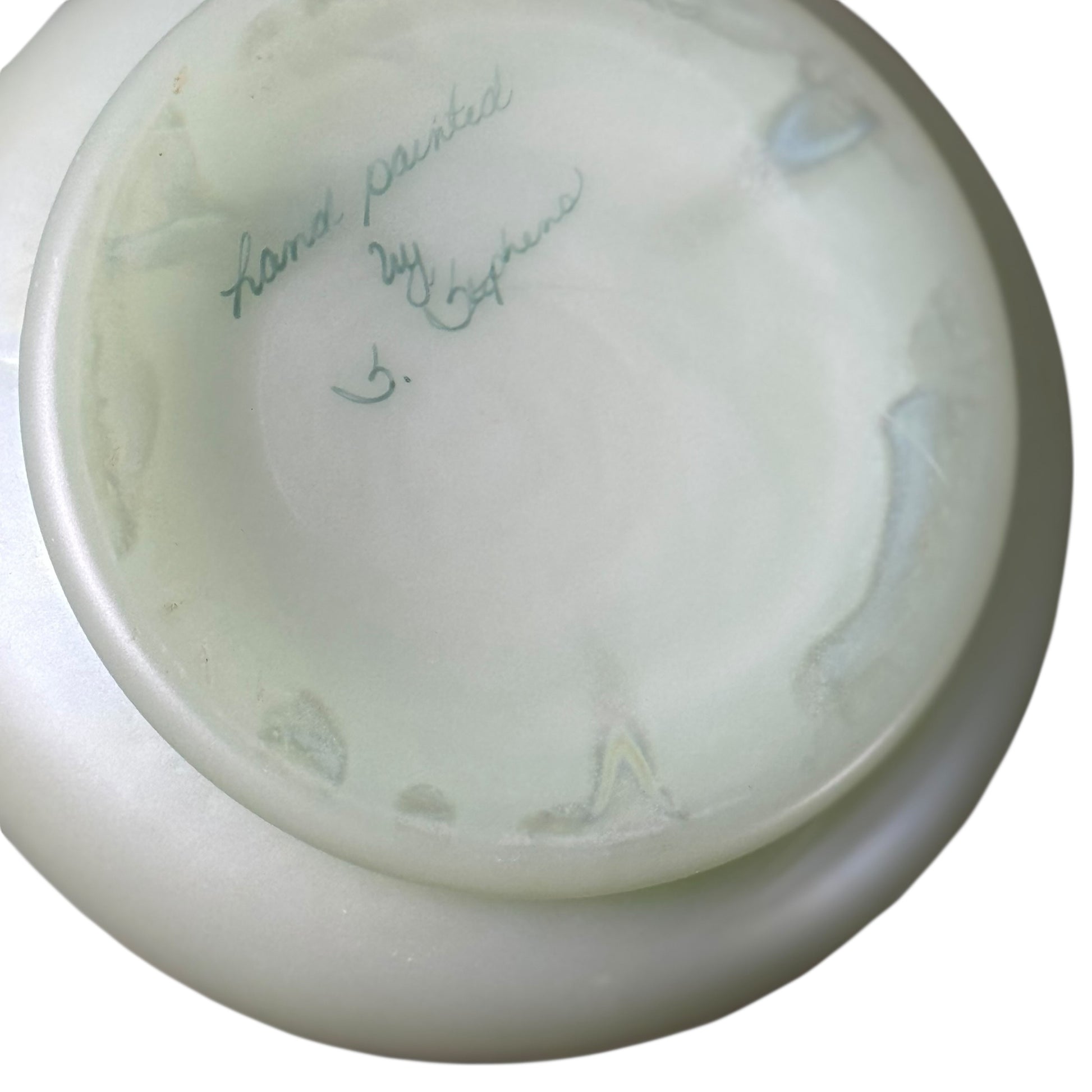 Collectible Fenton sea green satin glass basket hand painted with blue flowers