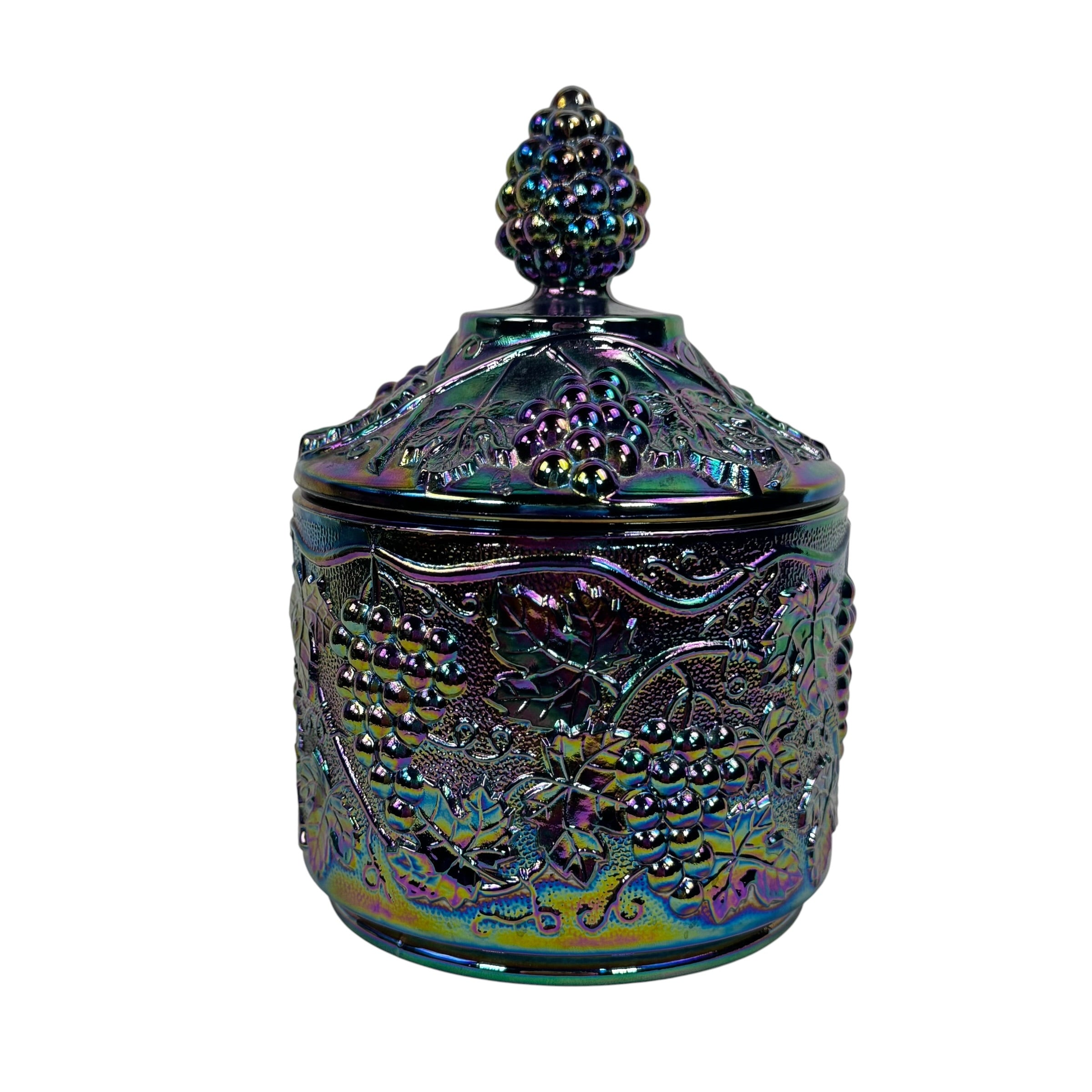 Fenton amethyst carnival glass covered jar with grape pattern