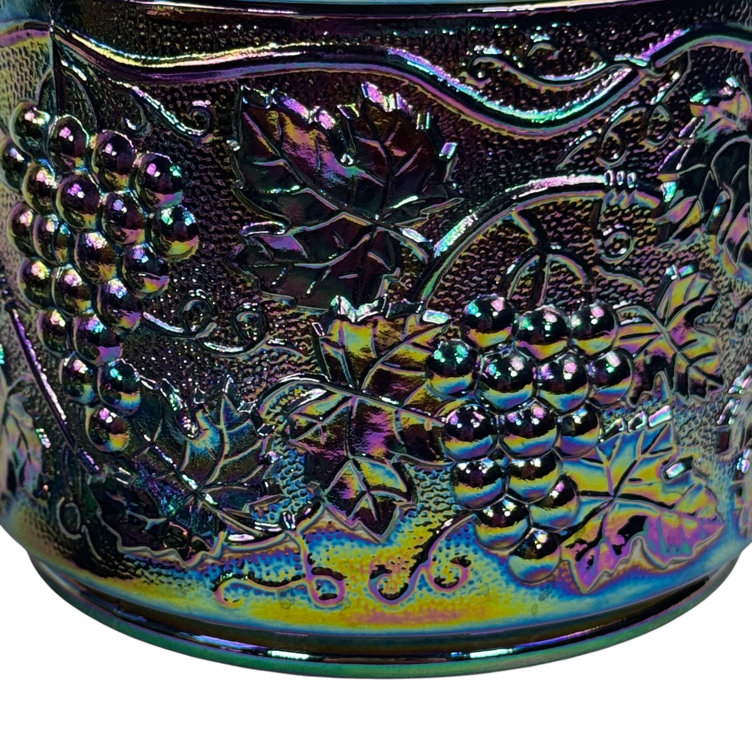 Purple iridescent Fenton grape pattern covered glass jar