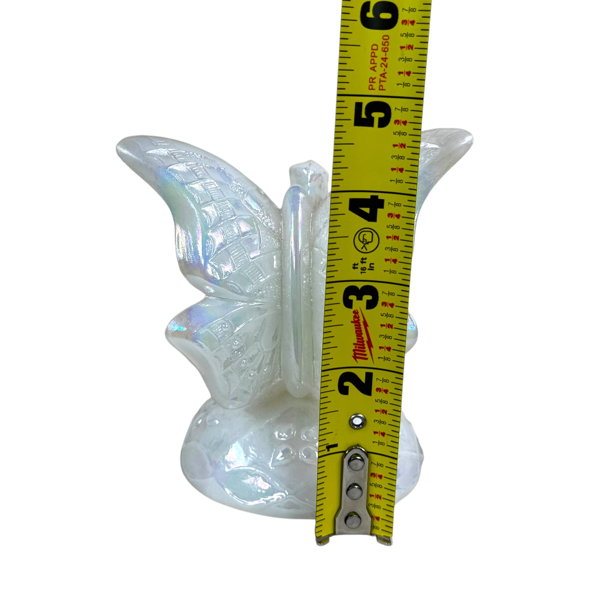Opalescent Fenton butterfly ring holder with rainbow iridescence