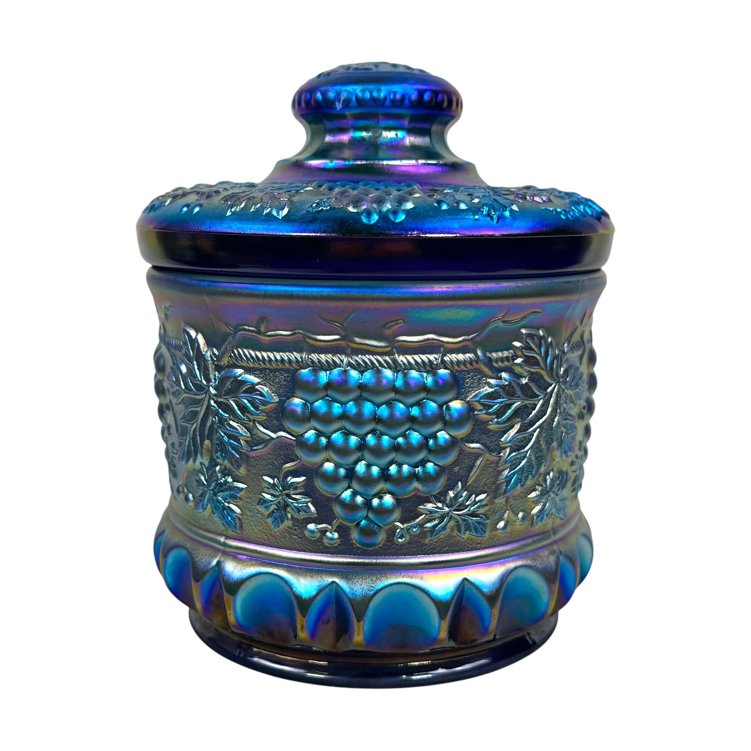 Vintage Fenton Favrene carnival glass grape and cable tobacco jar
