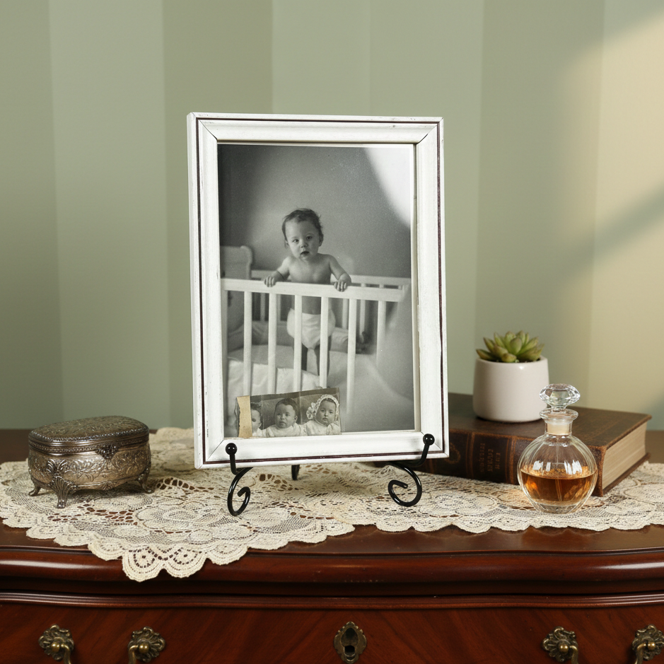 Framed black and white photo of a baby on a wooden dresser with decorative items.