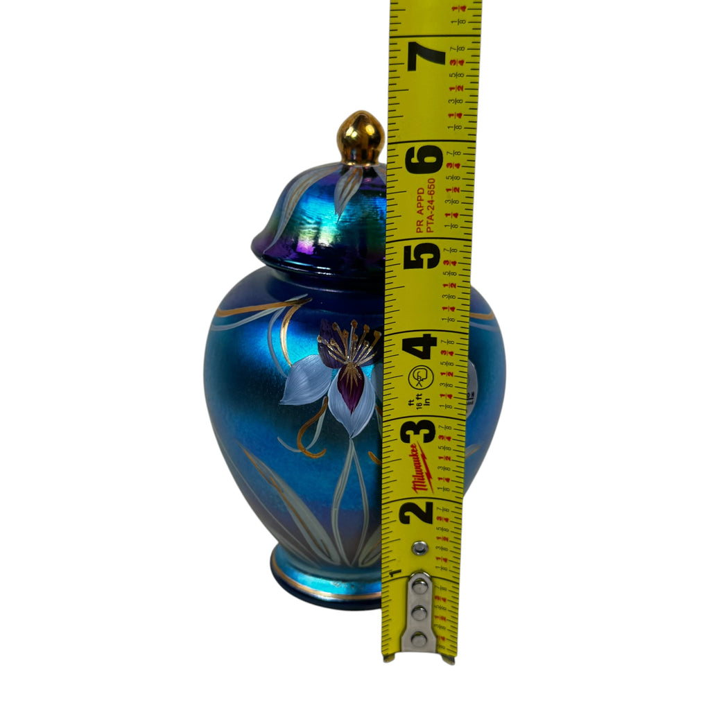 Blue Favrene Fenton ginger jar with gold trim and iris decoration