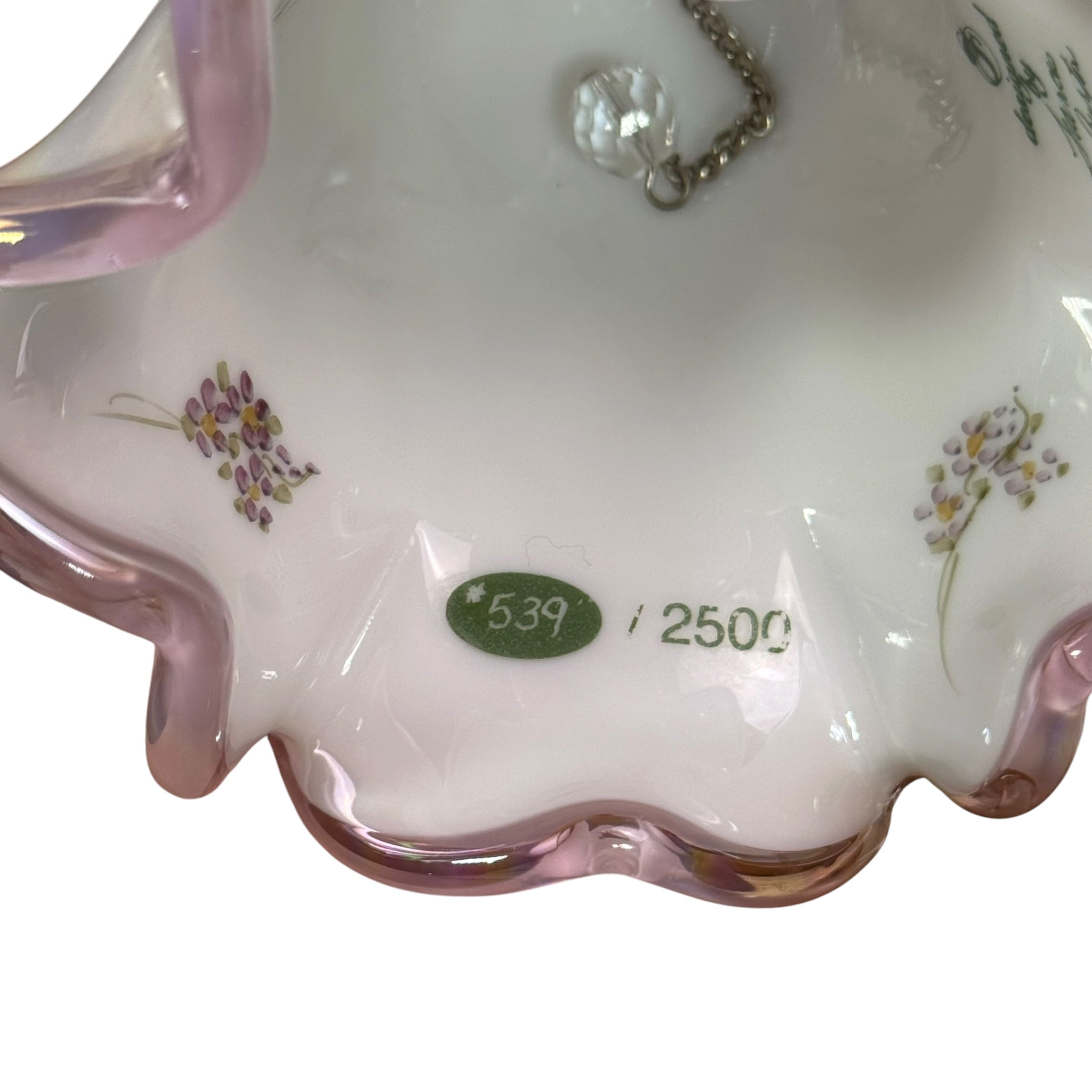 Hand painted Fenton White Opal bell with Plum Lace edge