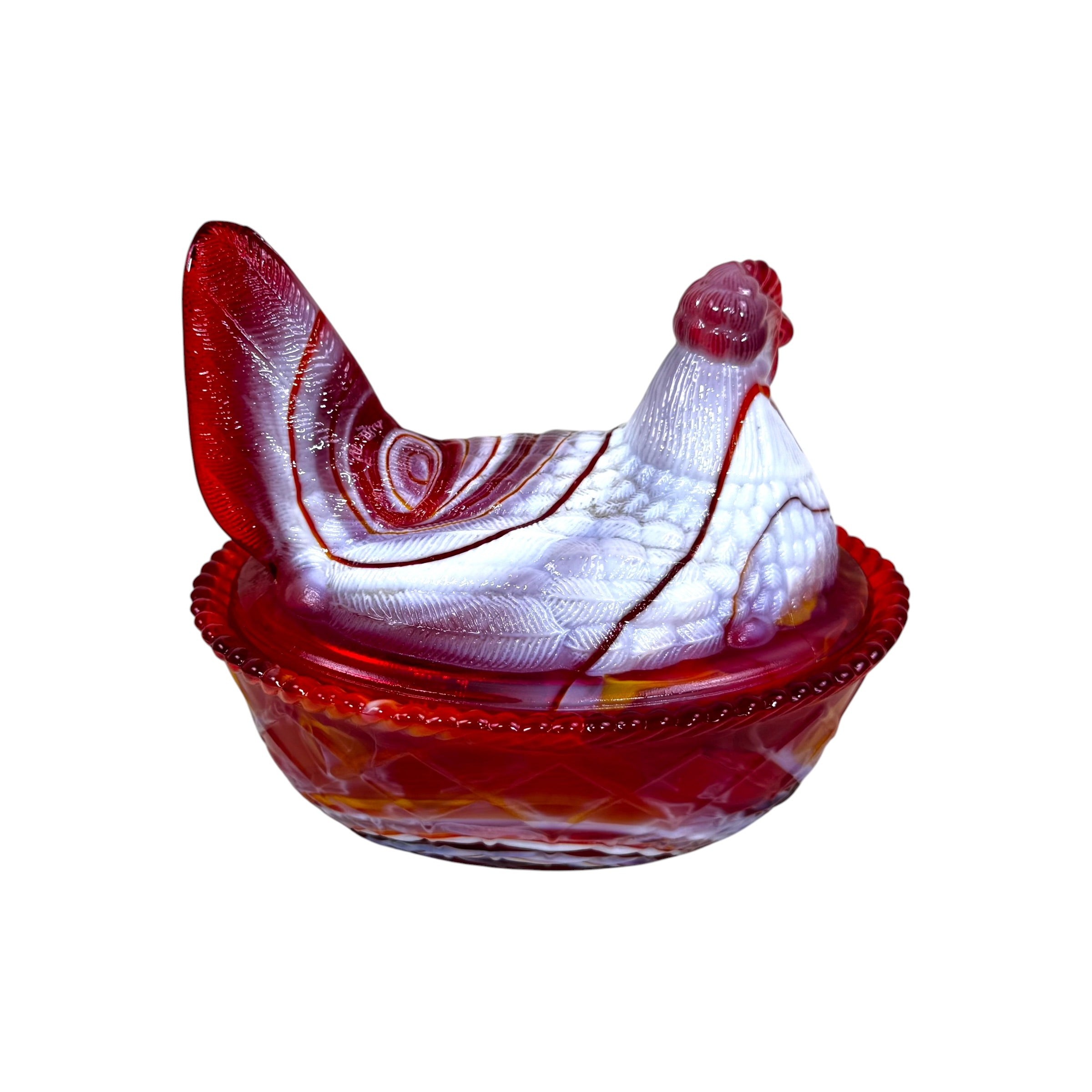 Vintage marbled red and white hen on nest by Westmoreland