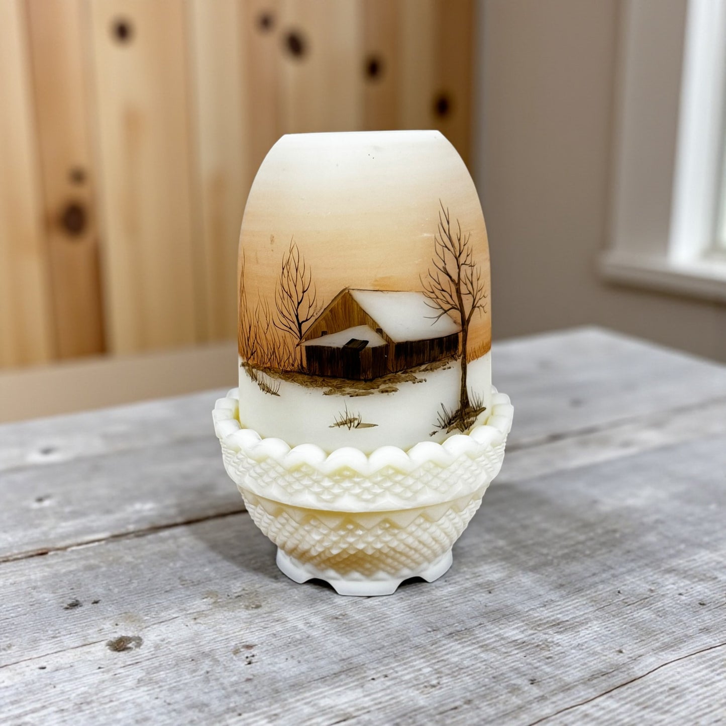 Vintage Fenton hand painted cabin fairy lamp on custard glass