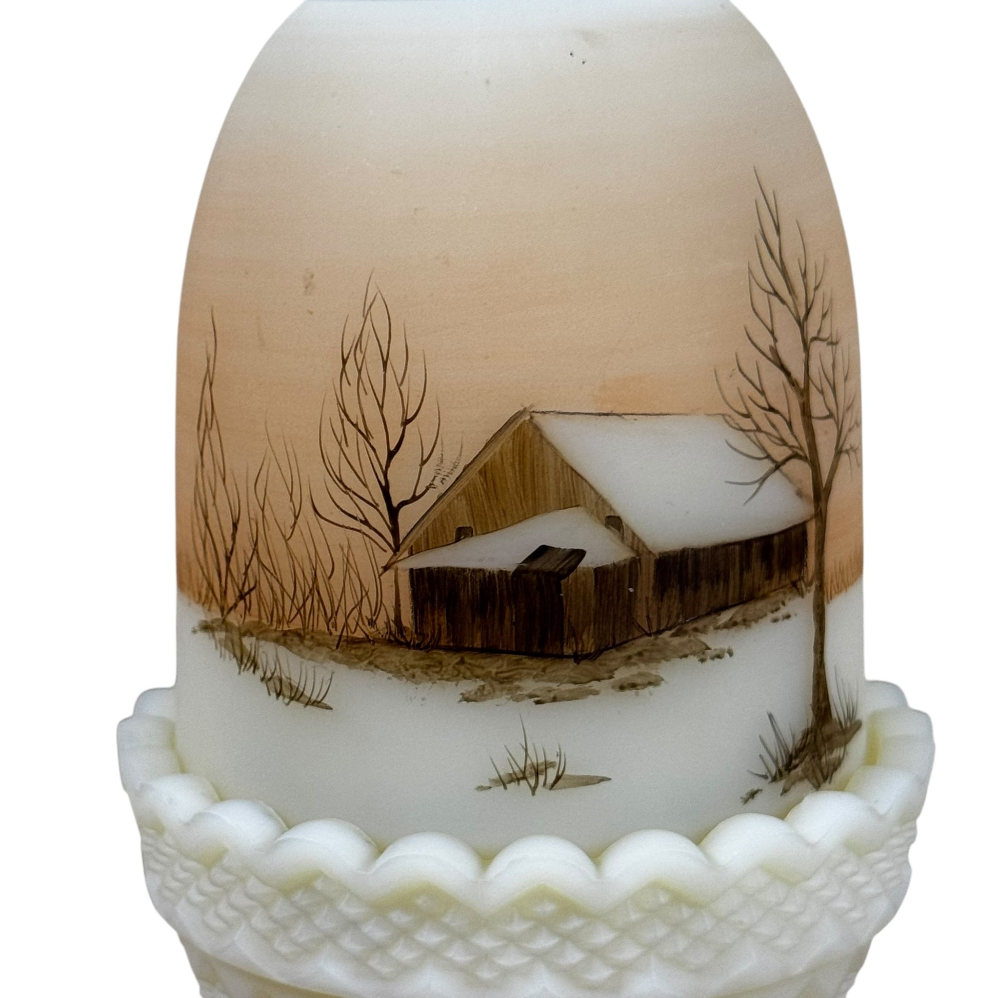 Signed Fenton fairy lamp with winter cabin scene