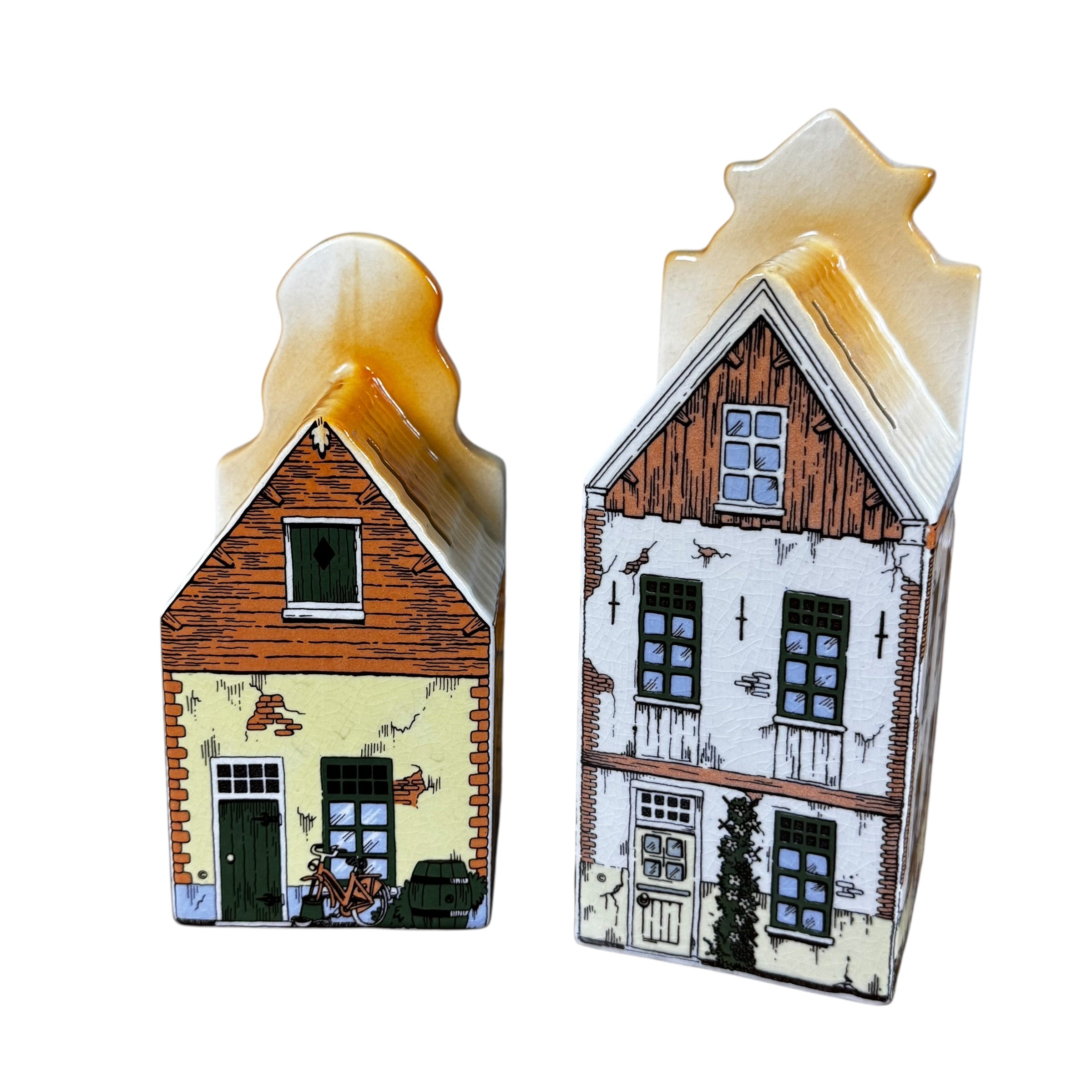 Vintage Holland Delft Hand Painted Canal Houses Coin Banks Set of 4 – Polychrome Porcelain Collectibles with Stoppers