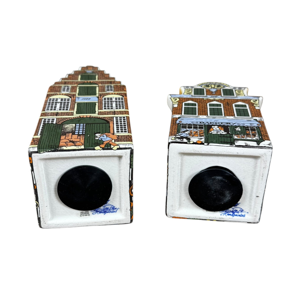 Vintage Holland Delft Hand Painted Canal Houses Coin Banks Set of 4 – Polychrome Porcelain Collectibles with Stoppers