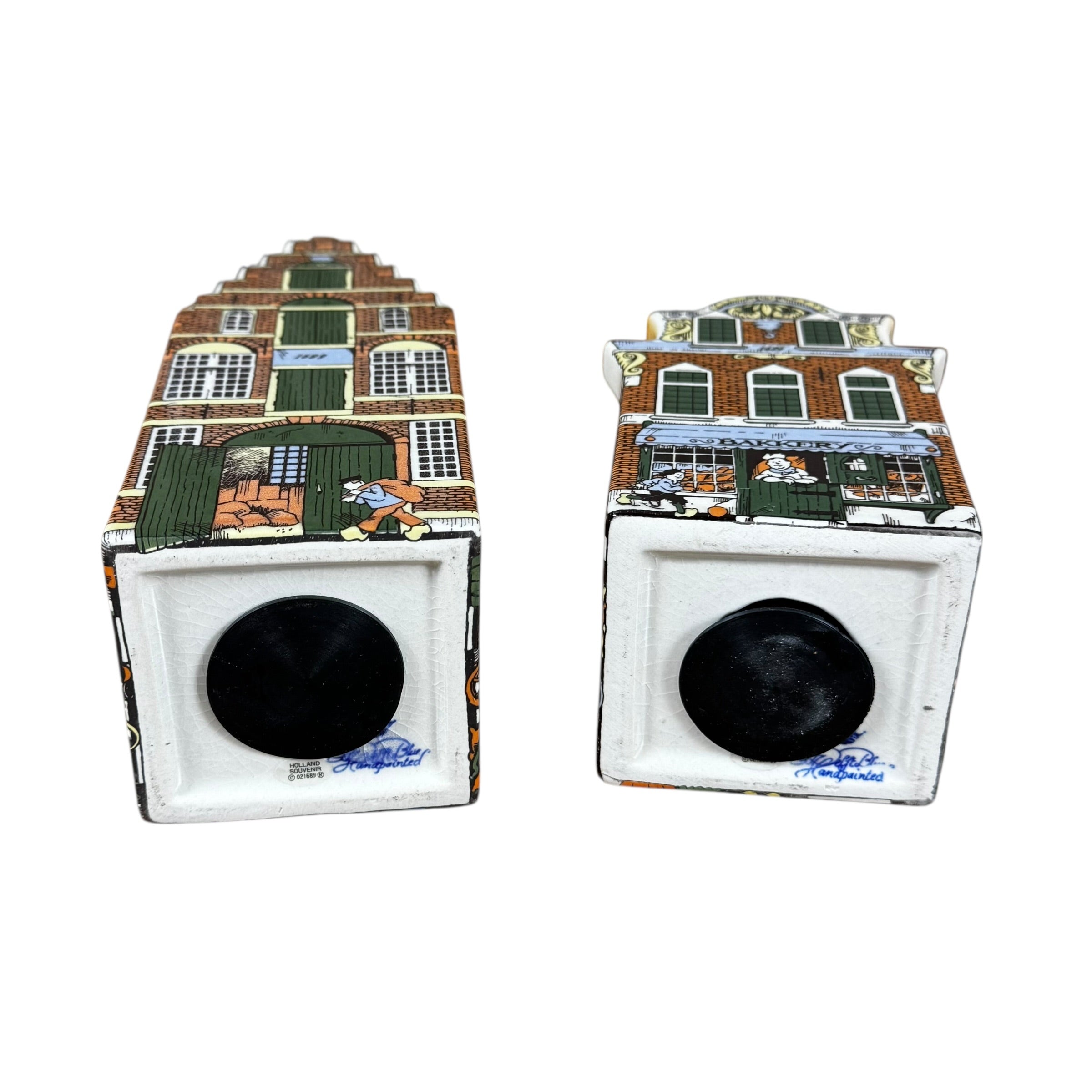 Vintage Holland Delft Hand Painted Canal Houses Coin Banks Set of 4 – Polychrome Porcelain Collectibles with Stoppers