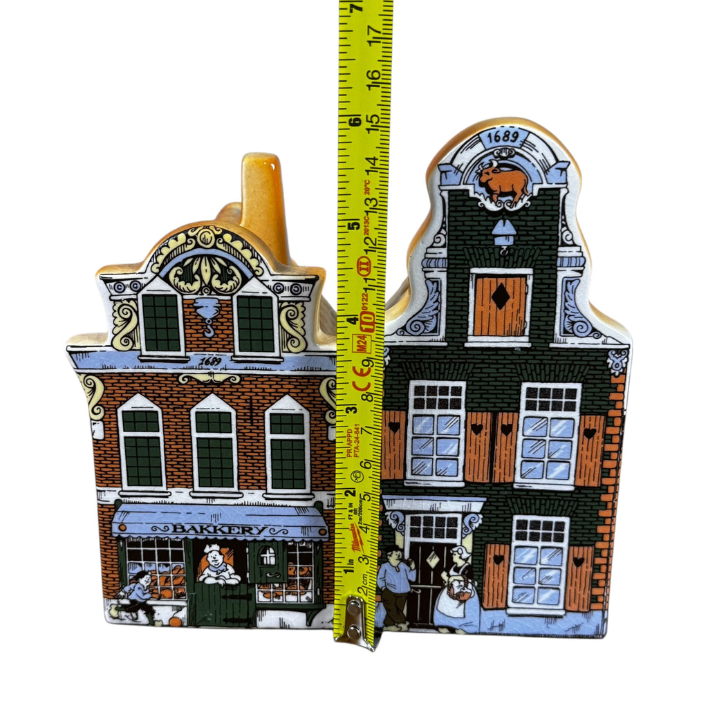 Vintage Holland Delft Hand Painted Canal Houses Coin Banks Set of 4 – Polychrome Porcelain Collectibles with Stoppers