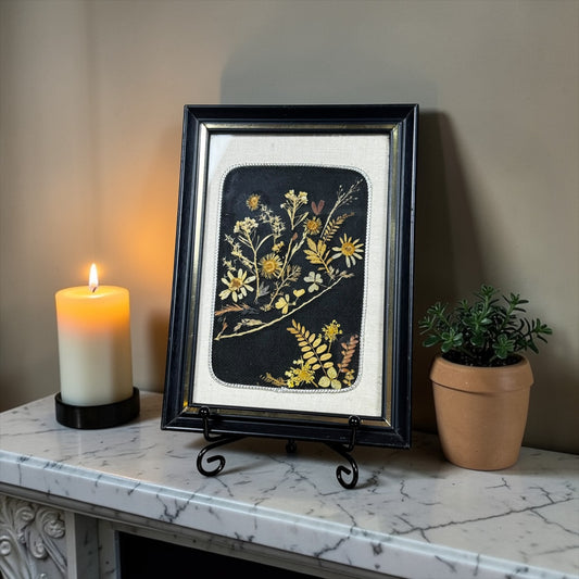 Vintage pressed dried flower art glossy black frame