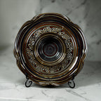 Robert Fishman studio pottery chip and dip set with etched leaf design