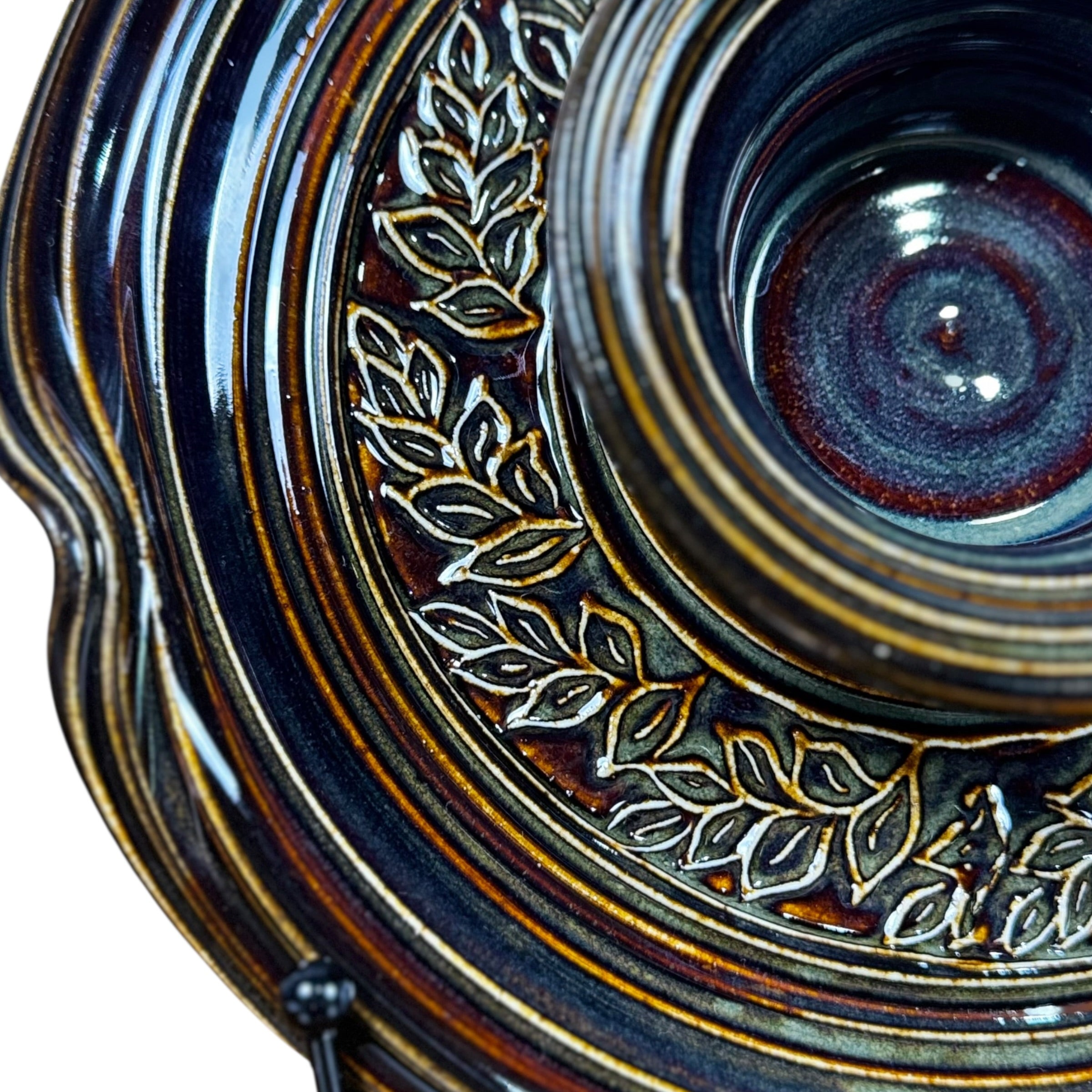 Signed hand thrown ceramic chip and dip dish with waved edges