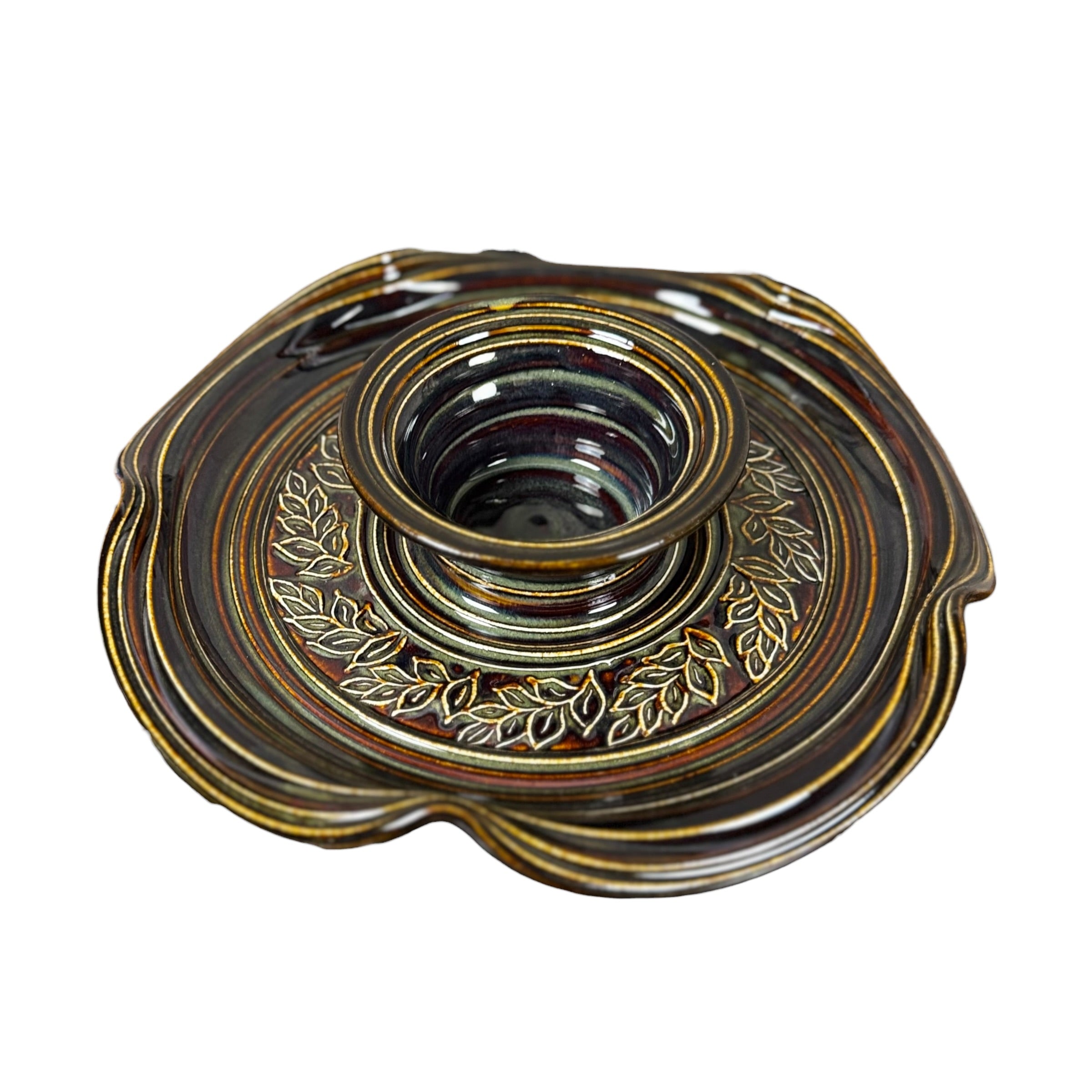 Robert Fishman Studio Pottery Chip & Dip Set – Hand Thrown Ceramic with Etched Leaf Motif