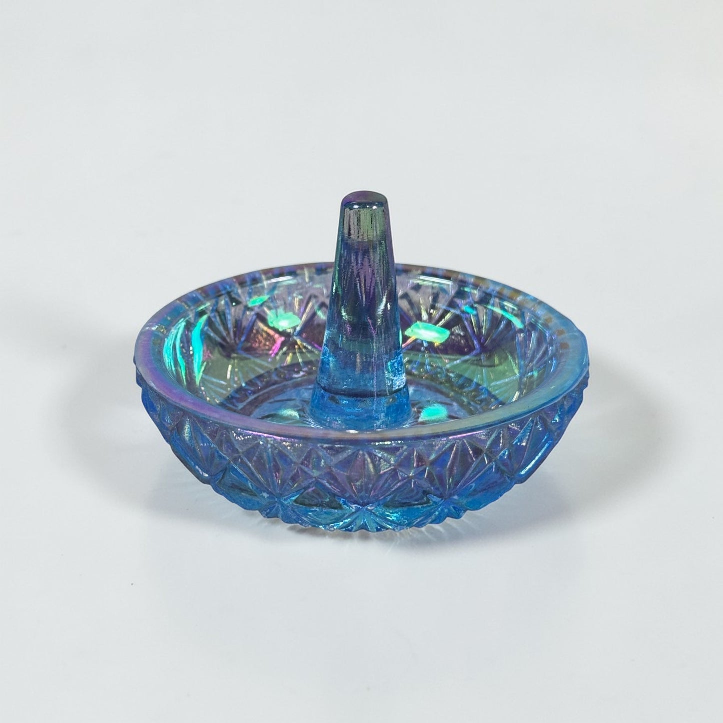 Vintage Fenton Art Glass ice blue carnival ring holder with iridescent pressed glass