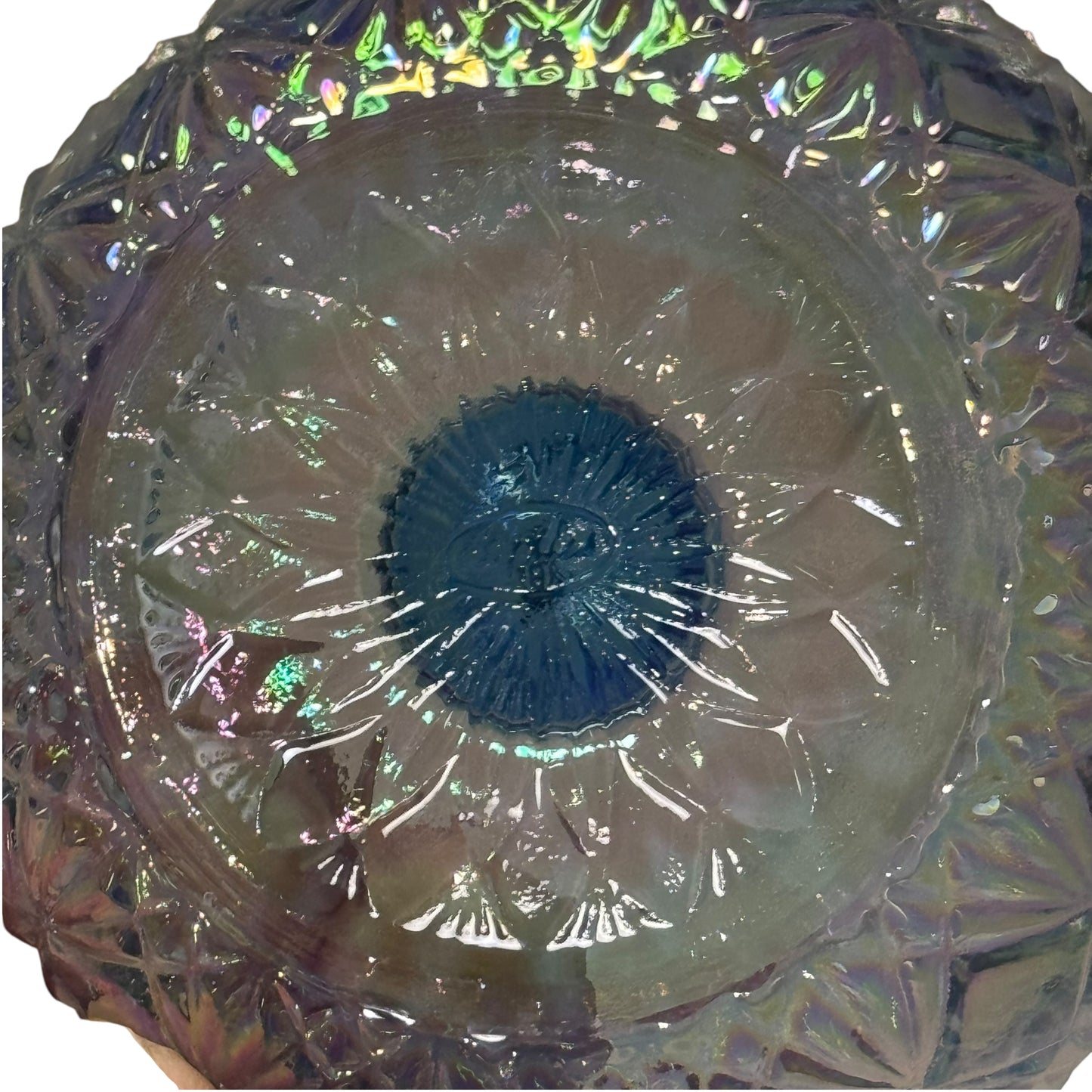 Vintage pressed glass ring holder with iridescent blue carnival glow