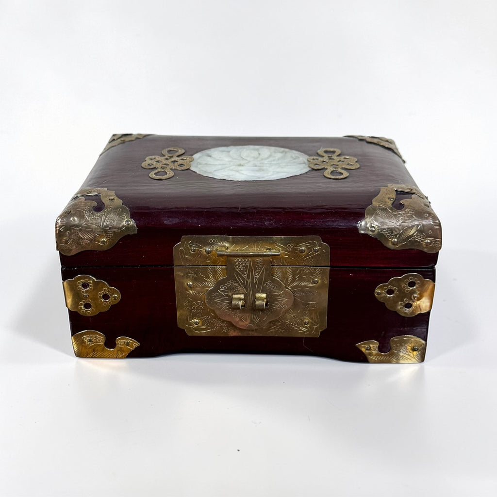 Vintage chinoiserie rosewood jewelry box with brass hardware and jadeite inlay