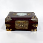 Vintage chinoiserie rosewood jewelry box with brass hardware and jadeite inlay