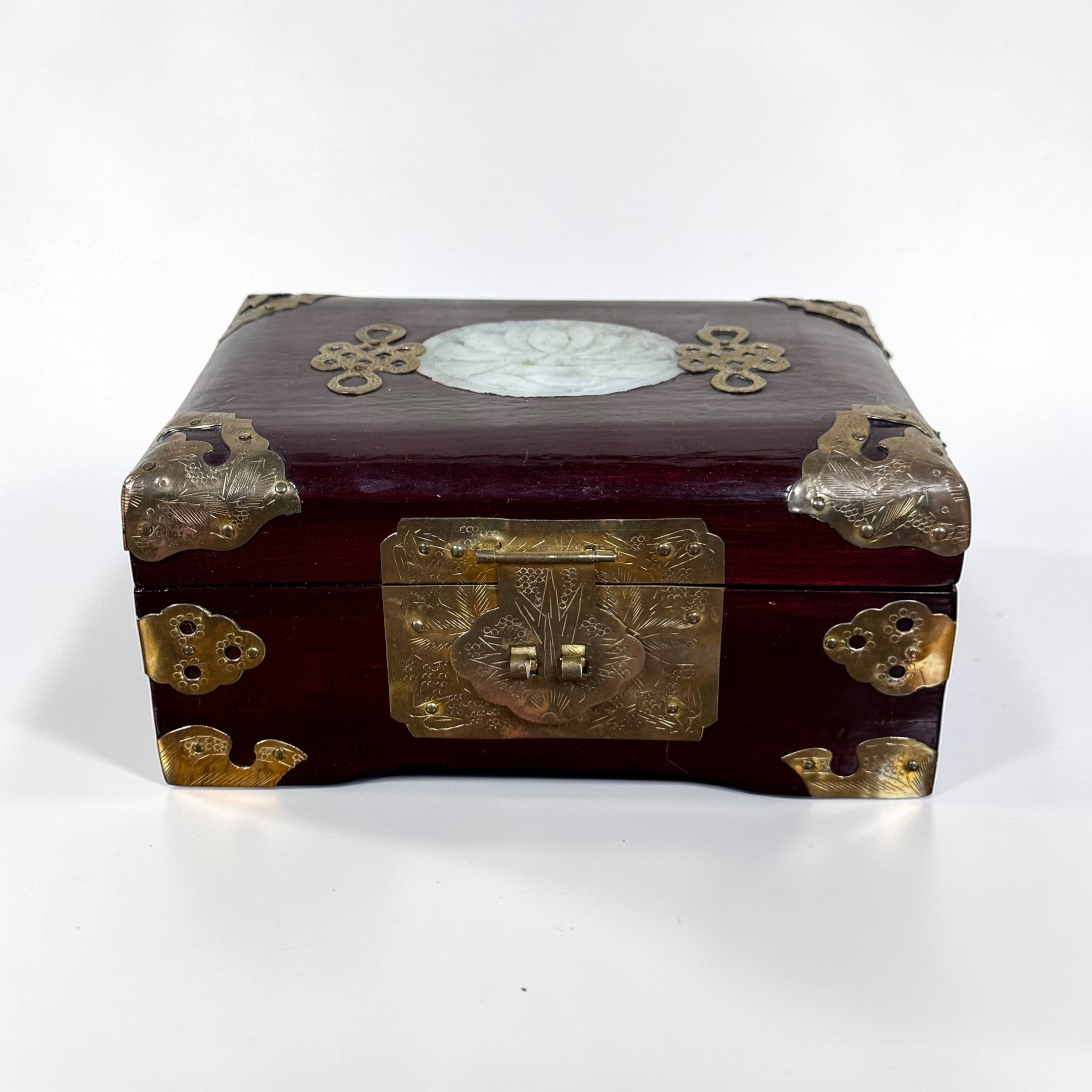 Vintage chinoiserie rosewood jewelry box with brass hardware and jadeite inlay