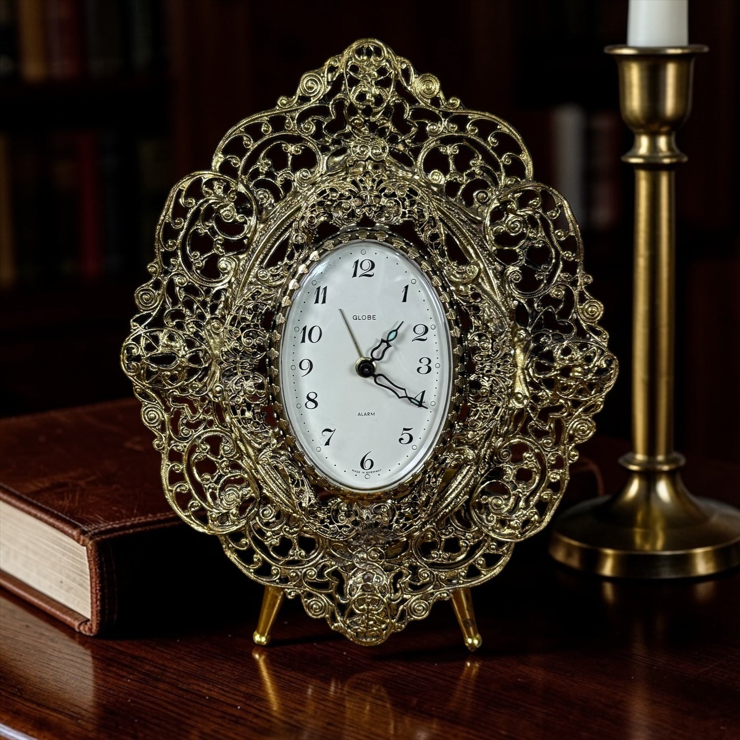 Vintage German brass filigree mantel clock ornate gold tone design