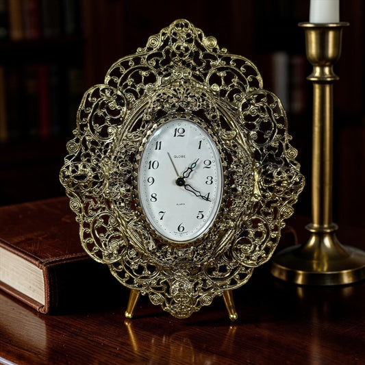 Vintage German brass filigree mantel clock ornate gold tone design