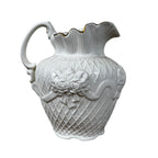 Romantic cottagecore white ceramic pitcher with gold trim