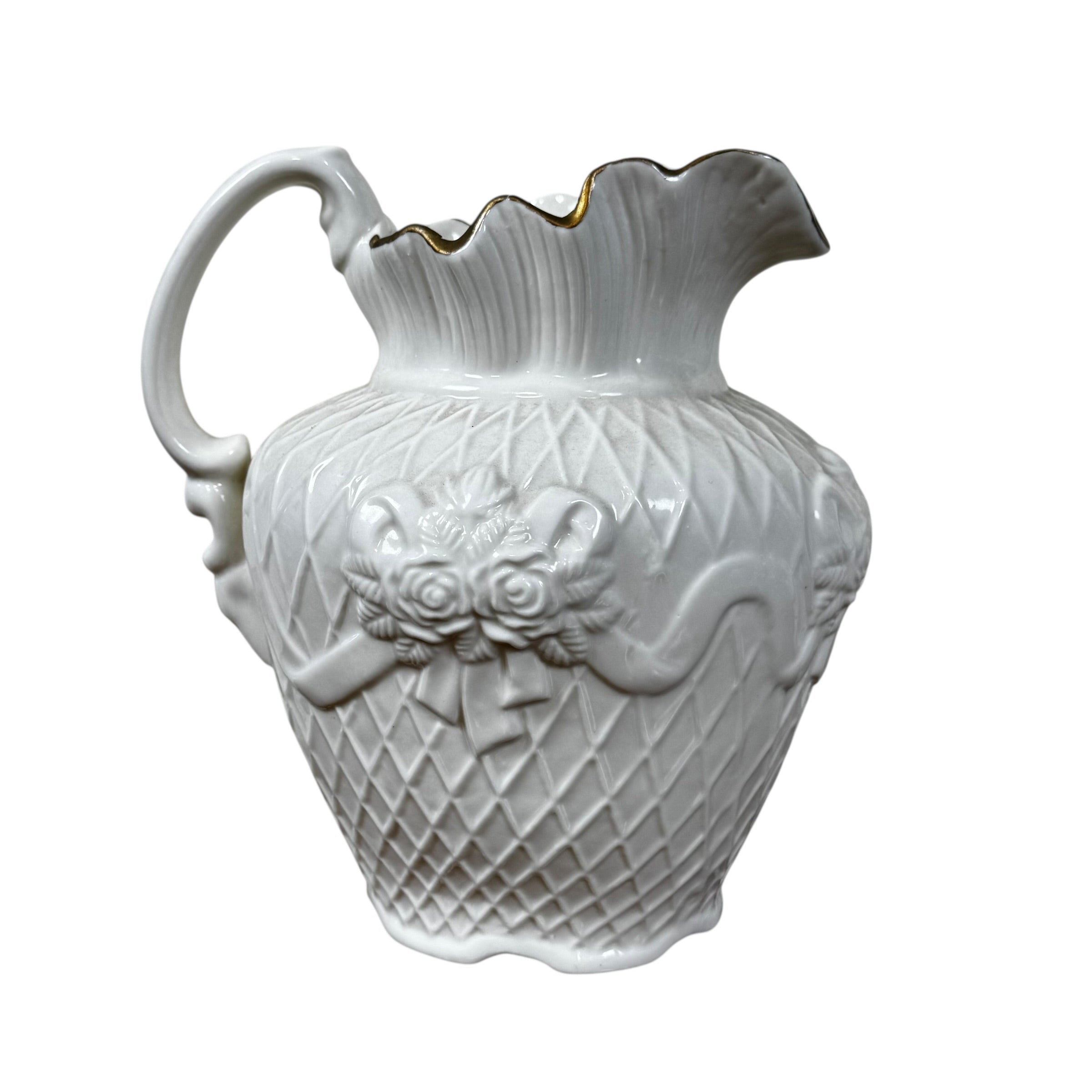 Romantic cottagecore white ceramic pitcher with gold trim