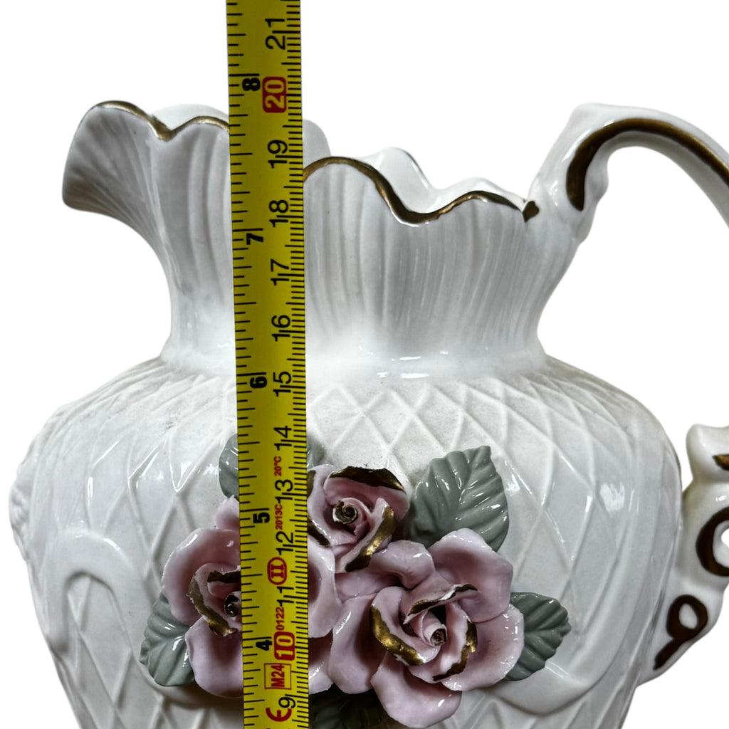 SALE | Vintage White Porcelain Lattice Pitcher – Capodimonte Style Pink Roses with Gold Trim