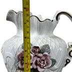 SALE | Vintage White Porcelain Lattice Pitcher – Capodimonte Style Pink Roses with Gold Trim