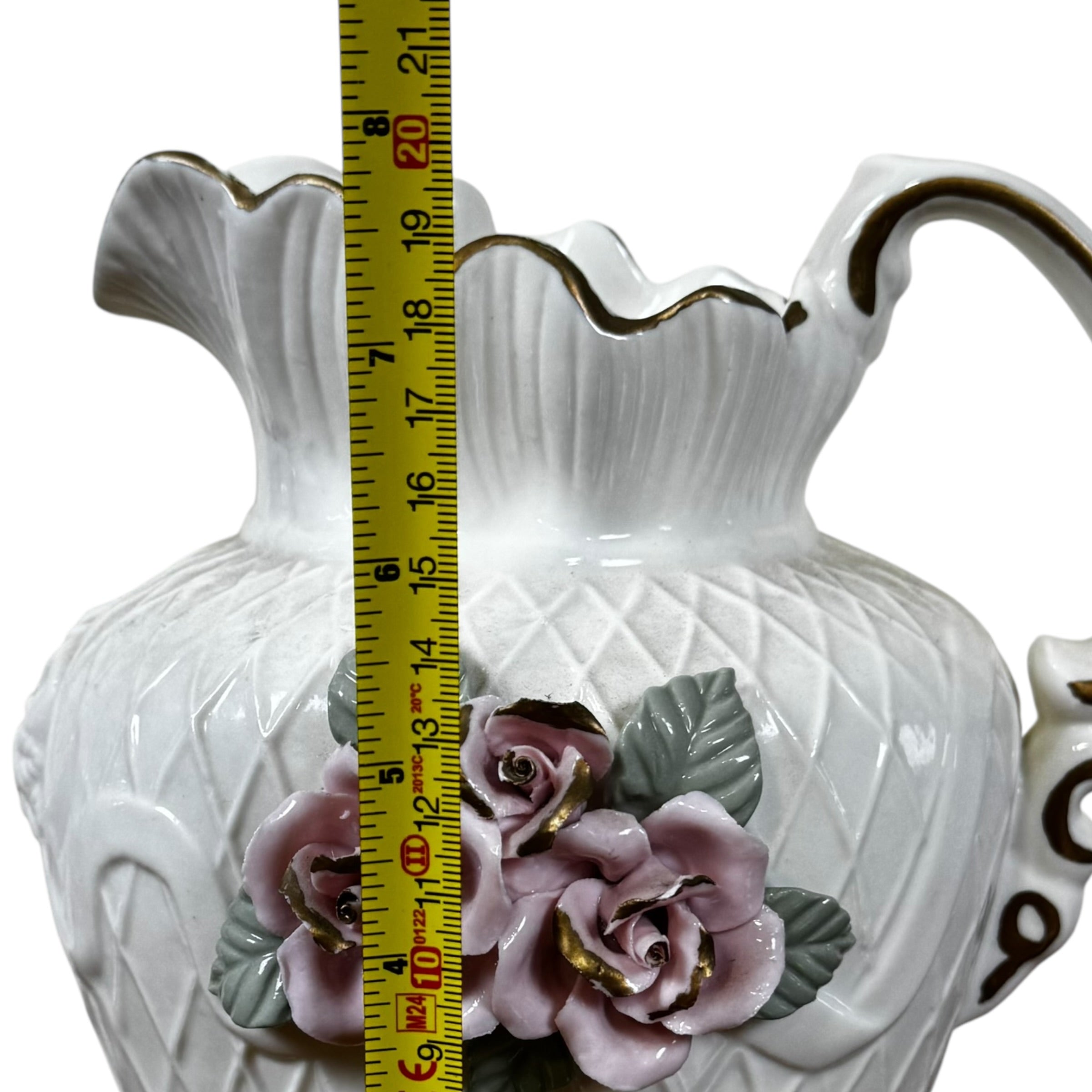 SALE | Vintage White Porcelain Lattice Pitcher – Capodimonte Style Pink Roses with Gold Trim