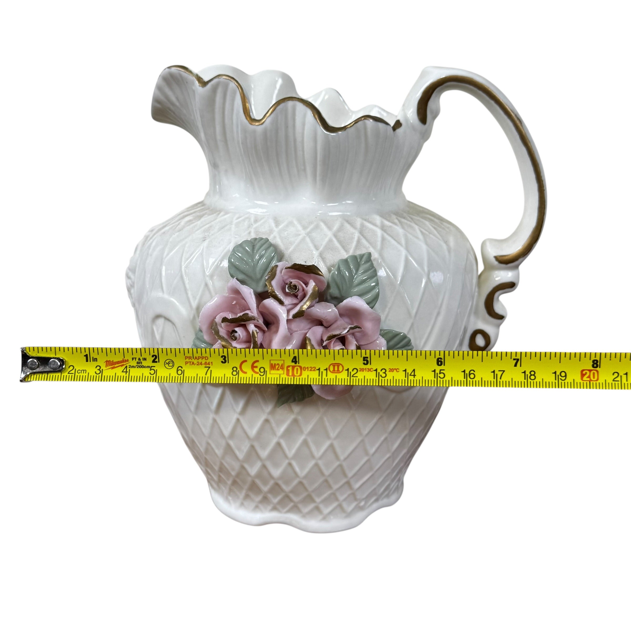 SALE | Vintage White Porcelain Lattice Pitcher – Capodimonte Style Pink Roses with Gold Trim