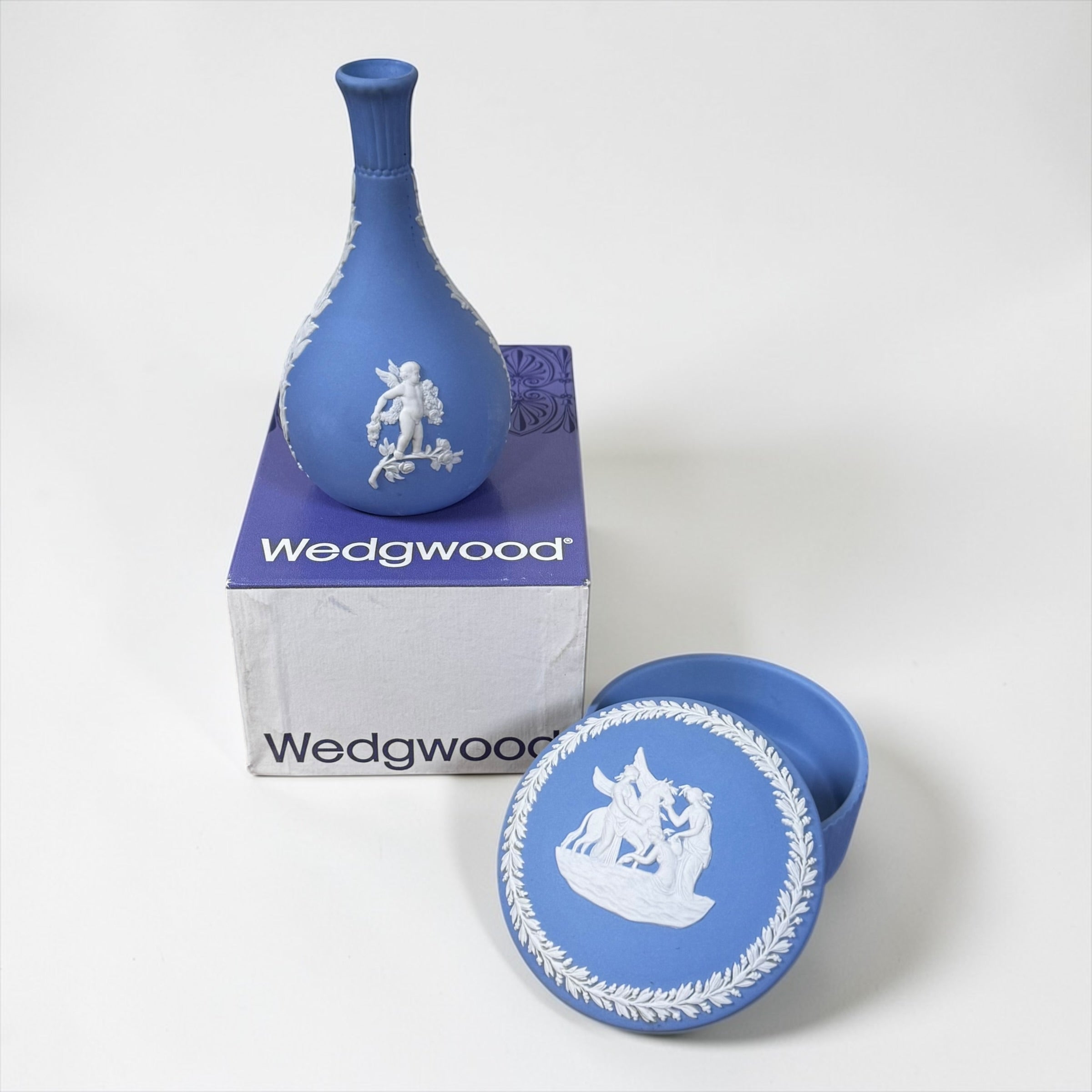 Vintage Wedgwood blue Jasperware bud vase and trinket dish set