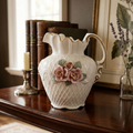 Vintage white porcelain lattice pitcher with pink roses