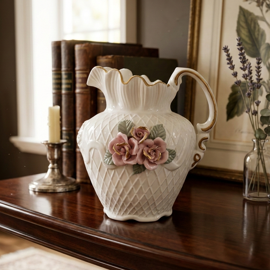 Vintage white porcelain lattice pitcher with pink roses