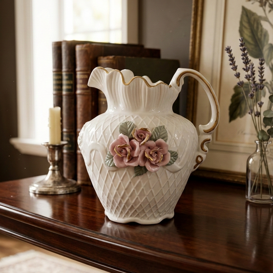 Vintage white porcelain lattice pitcher with pink roses