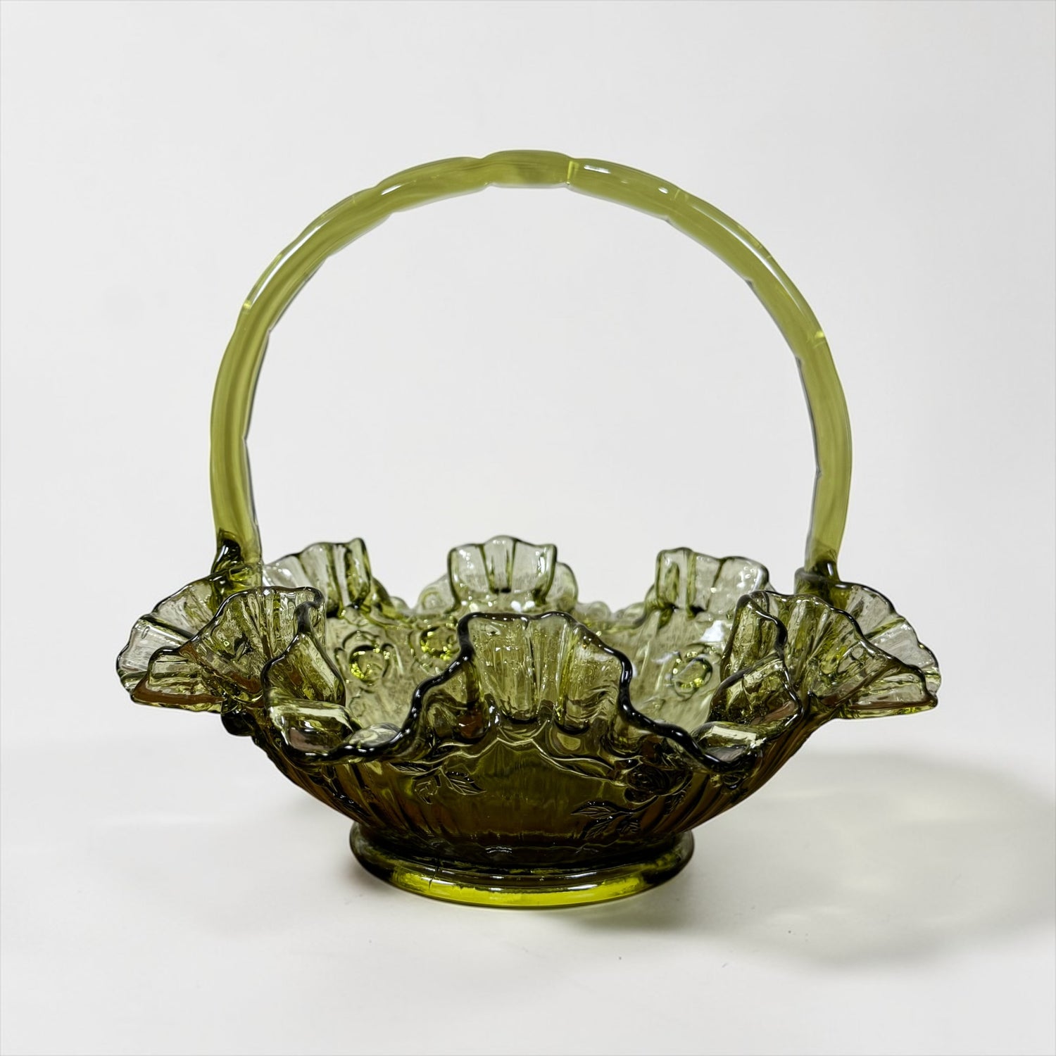 Vintage Fenton olive green etched cabbage rose ruffled glass basket with handle
