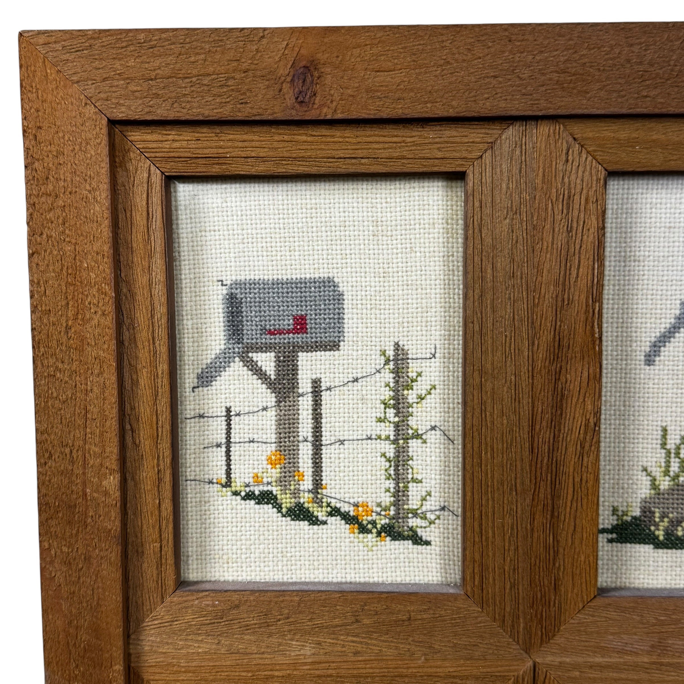 Charming Vintage Hand-Stitched Cross Stitch Sampler in Rustic Oak Window Frame | Farmhouse Country Cottagecore Wall Art