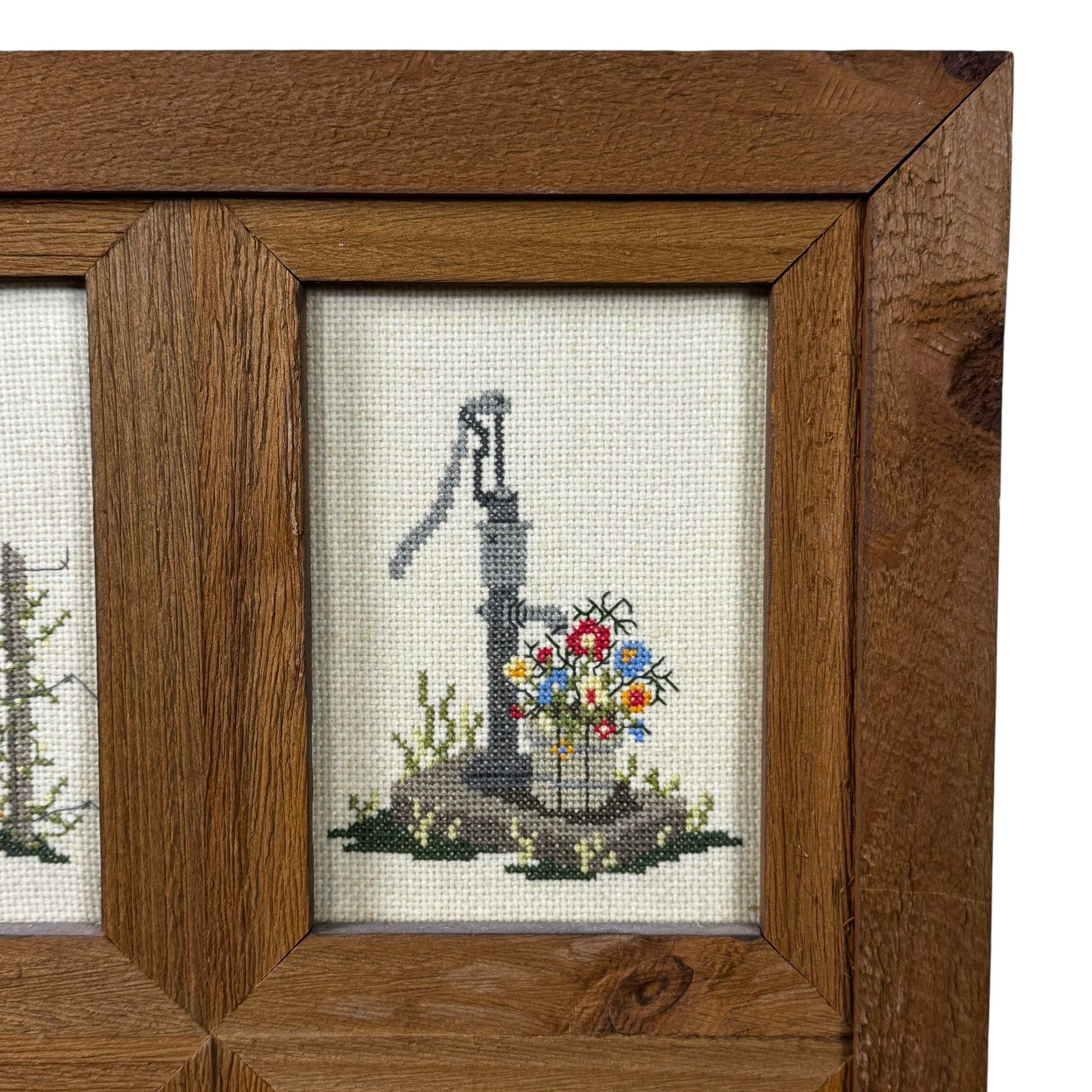 Vintage embroidery sampler in wooden windowpane frame cottage decor