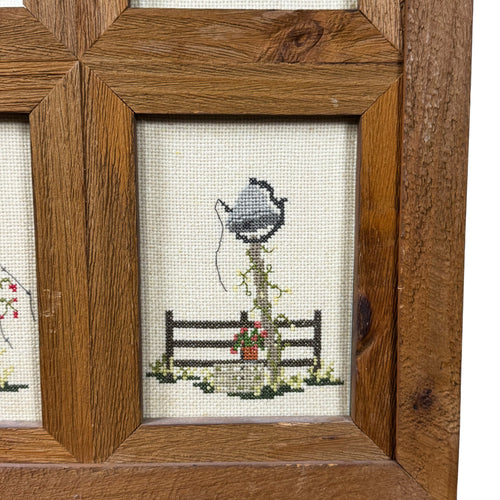 Cottagecore framed cross stitch artwork with farmhouse scenes and florals